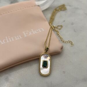 Dainty Emerald Pearl Necklace 14K Gold Plate Adina Eden Mother Oval Baguette New
